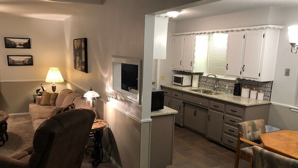 A living room with a sofa, a chair, a lamp, and a TV. There is a kitchen with cabinets, a microwave, and a sink. - AIMEE'S HEART OF MOORE (Moore)