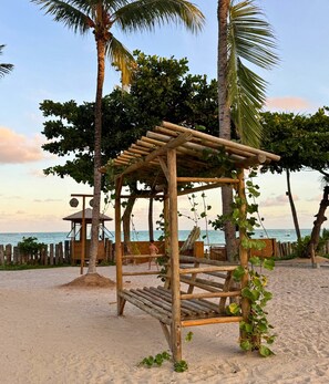 Private beach, white sand, sun-loungers, beach umbrellas