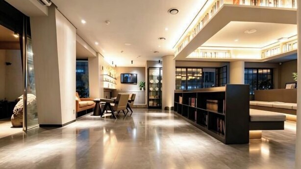 A spacious library with a high ceiling, multiple seating areas, and a television screen. - Hanxiang Hotel (Hangzhou Wenyi West Road Branch University of Finance and Economics) (Hangzhou)