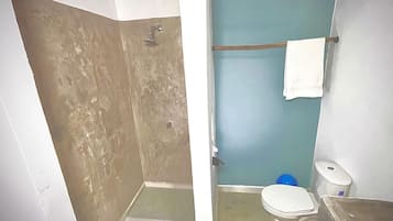 Shower, towels, soap, toilet paper