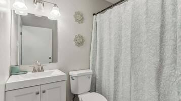 Hair dryer, towels, soap, toilet paper