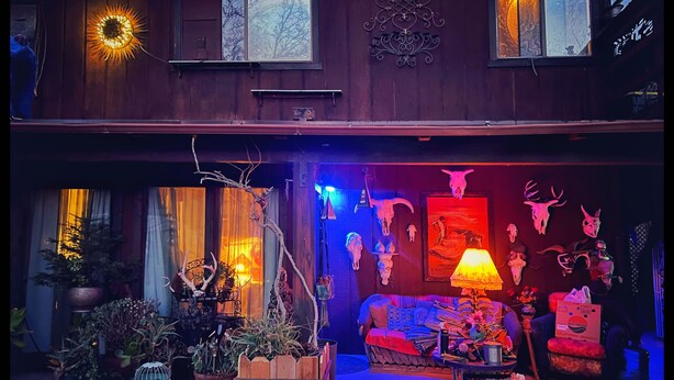 A cozy interior with a wooden ceiling, a sofa, and various decorations including skulls and plants. - Charming bungalow with an Amazing view of Sequoia National Park in Three Rivers. (Three Rivers)