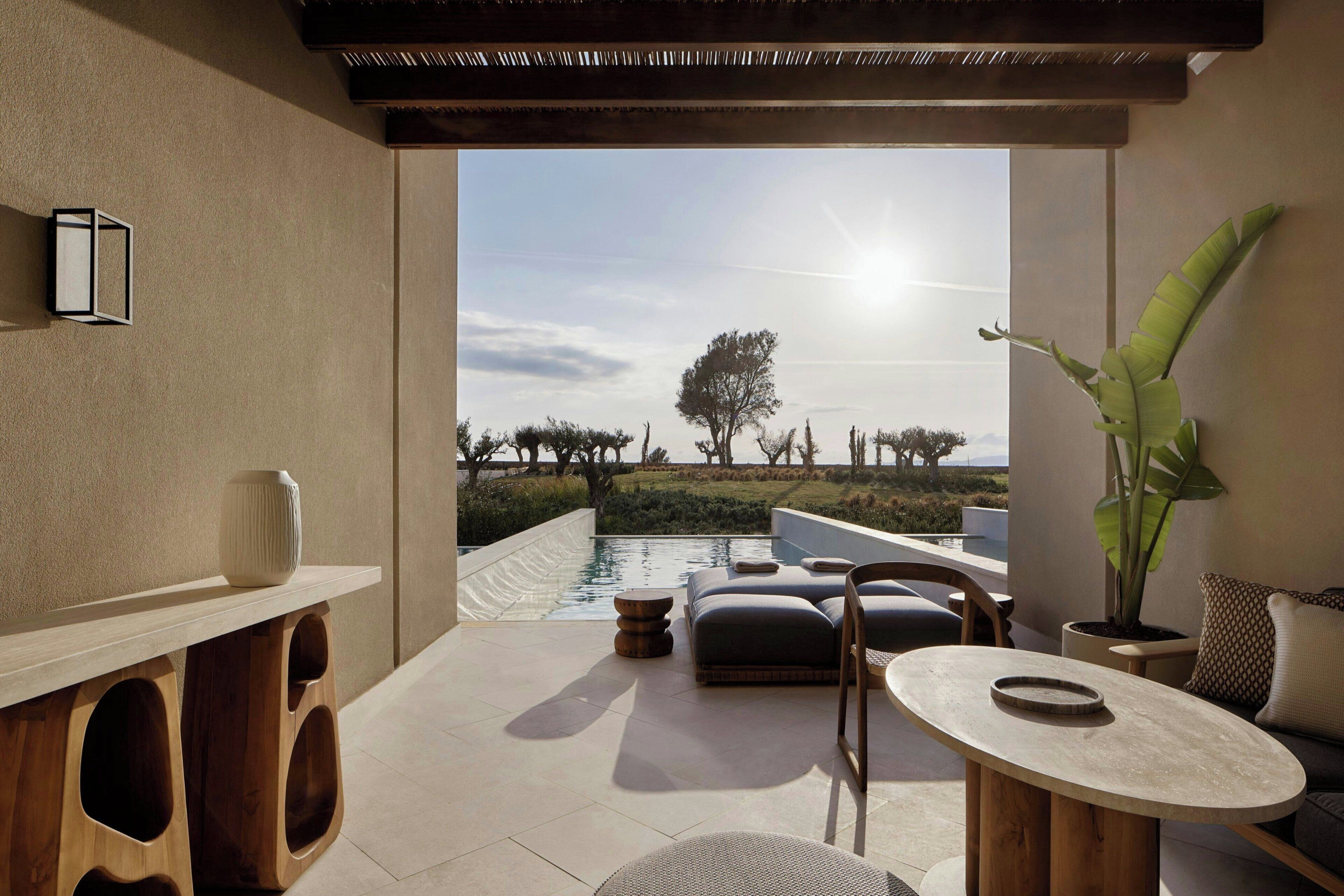 A modern outdoor seating area with a pool view, wooden accents, and a potted plant.