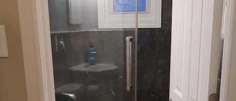 Shower, hair dryer, towels, soap