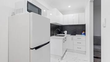 Fridge, microwave, stovetop, electric kettle