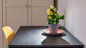 Une table avec un pot de plante, une chaise et une porte en arrière-plan.