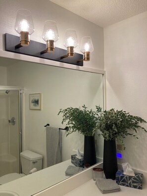 Douche, sèche-cheveux, serviettes fournies, savon