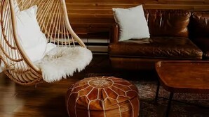 A room with a hanging chair, a brown leather sofa, and a patterned rug.