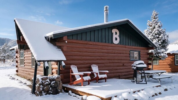 A log cabin with a snow-covered porch, two Adirondack chairs, a picnic table, and a chimney. - "B" Bear Cabin - South Fork (South Fork)