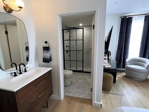 Hair dryer, towels, soap, toilet paper