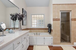 Hair dryer, towels, soap, toilet paper