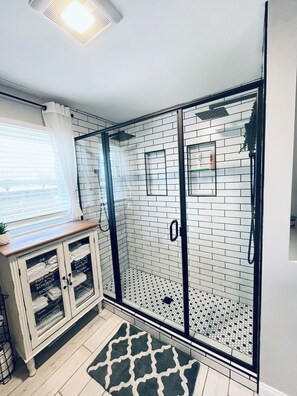 Shower, towels, toilet paper