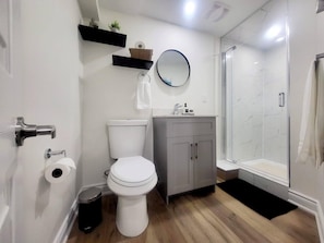 Douche, séchoir à cheveux, serviettes fournies, savon