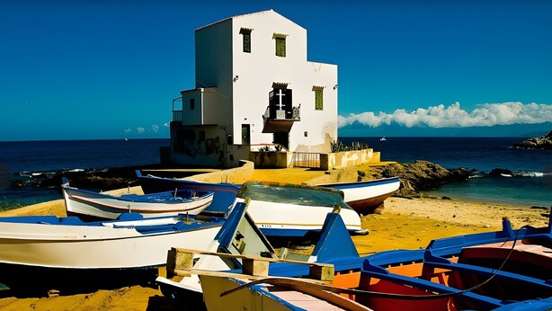 Um edifício costeiro com varanda, rodeado por barcos numa praia arenosa.
