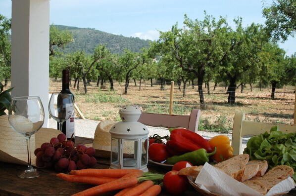 A table with a bottle, wine glasses, grapes, carrots, bell peppers, lettuce, and bread, with a view of an orchard in the background.