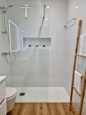 Dusche, Haartrockner, Handtücher, Seife