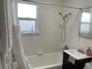 Hair dryer, bidet, towels, soap