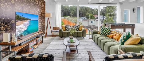 TV, fireplace, books, stereo
