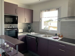 A compact kitchen with a Bosch microwave, a coffee maker, a dishwasher, and a window with a view of buildings outside.