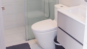 Uma casa de banho moderna com chuveiro em cabine de vidro, sanita branca e lavatório branco com espelho em cima.