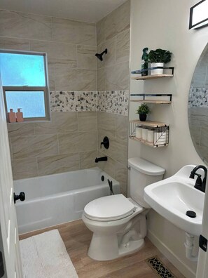 Hair dryer, towels, soap, toilet paper