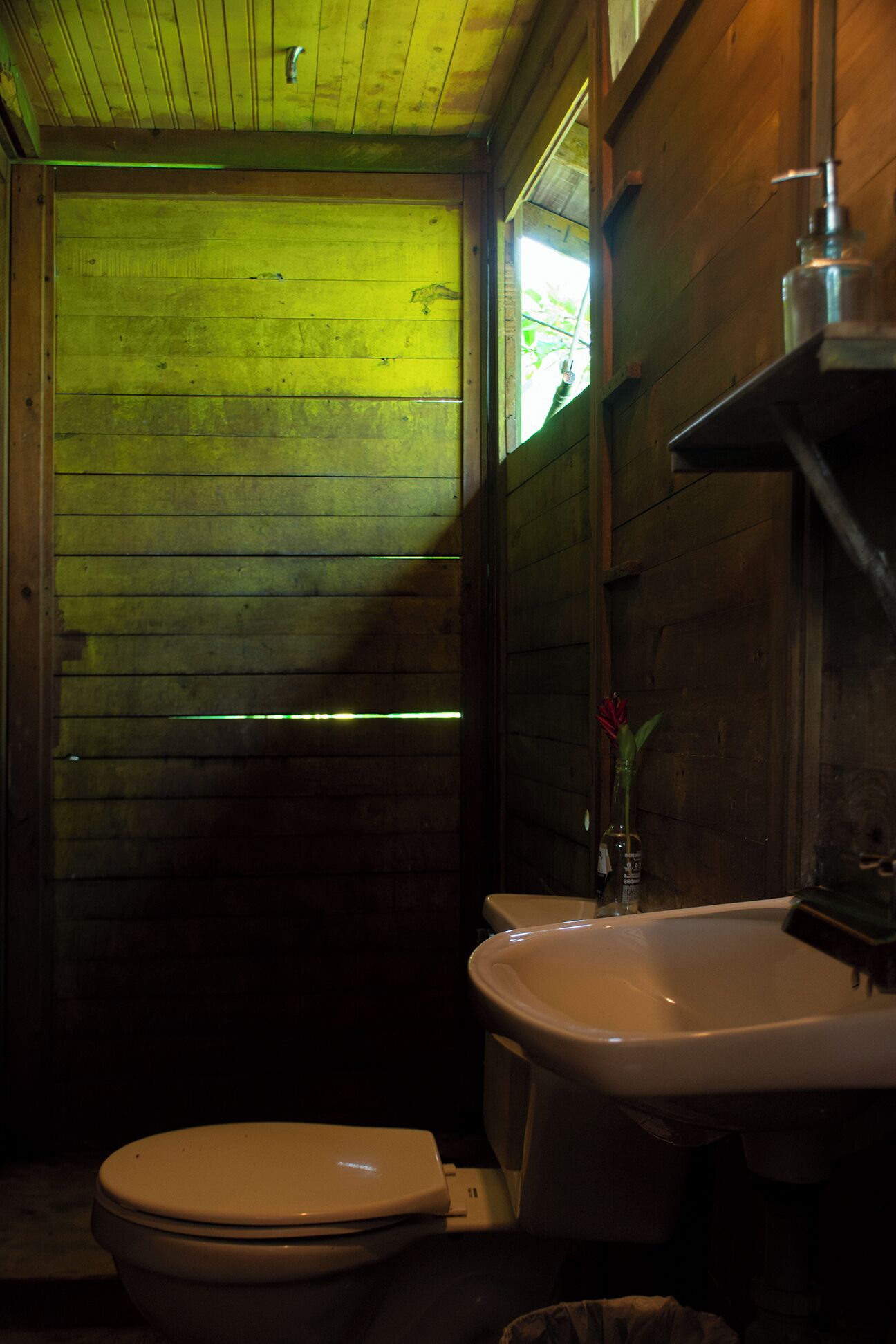 Un baño pequeño y tenuemente iluminado en una cabaña de madera, con un inodoro y un lavabo.