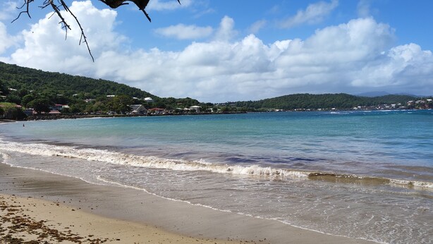 A beach with clear water, a sandy shore, and a backdrop of hills with buildings. - Studio Voile au vent (La Trinité)