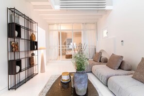 Smart TV, fireplace, books, stereo