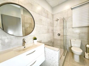 Shower, hair dryer, towels, soap
