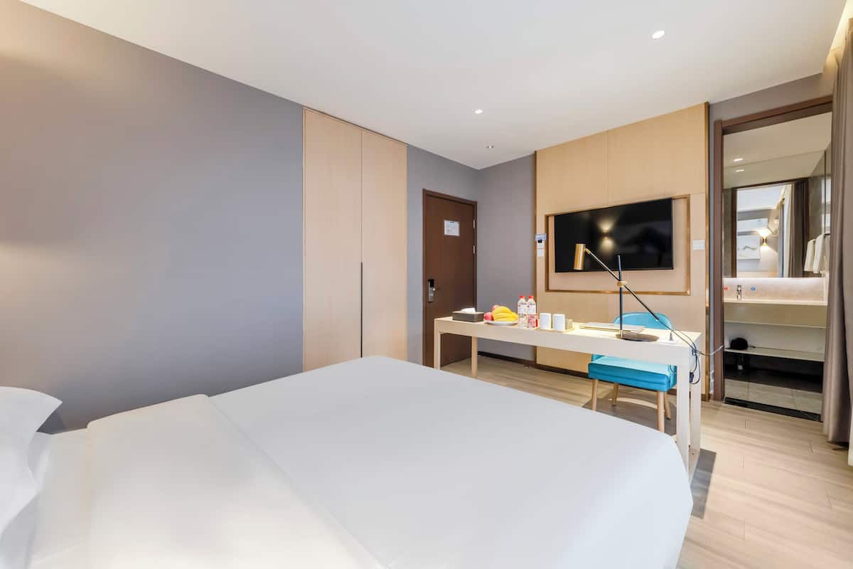 Una habitación de hotel moderna con una cama grande, un escritorio con silla, un televisor y un armario.