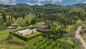 Paisaje rural con casas rodeadas de abundante vegetación y colinas.