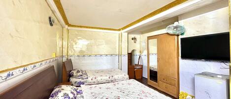 A room with two beds, a TV, and a wardrobe.