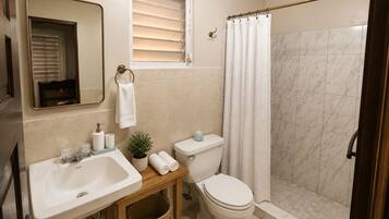 Shower, towels, soap, shampoo