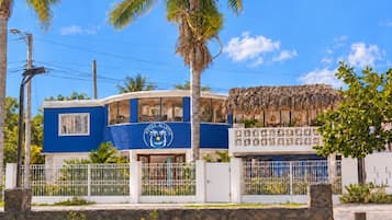 A blue building with a palm tree and a thatched-roof structure, labeled 'Hotel Martin.'