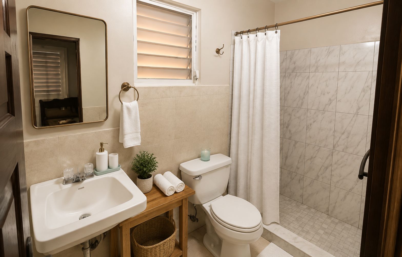 Kamer, balkon, uitzicht op baai | Badkamer | Een douche, handdoeken, zeep, shampoo