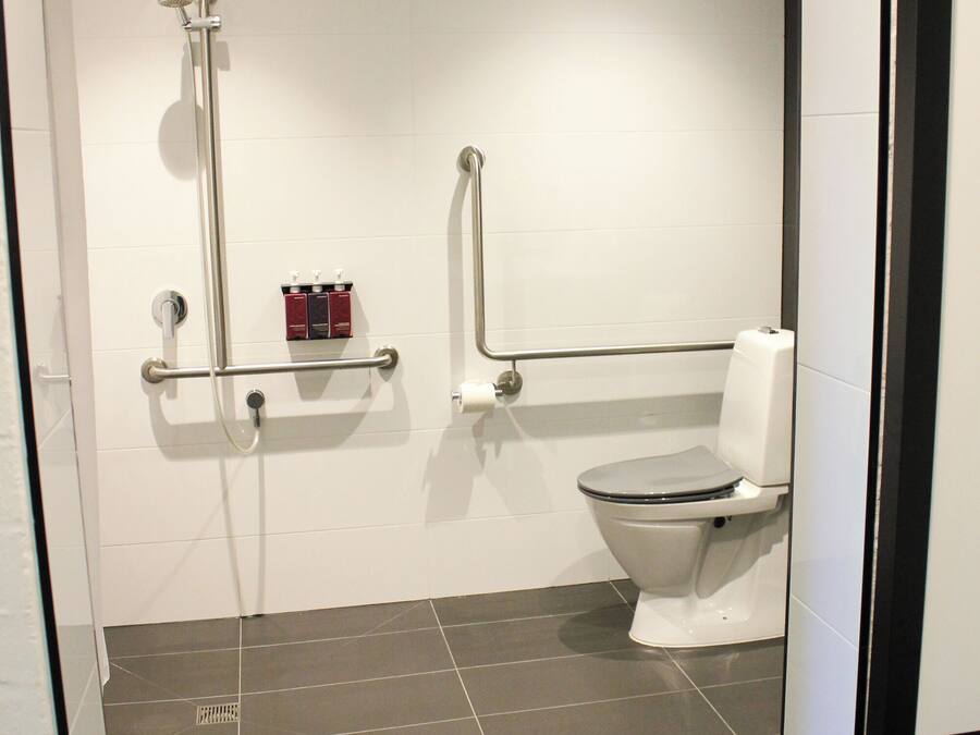 Ein modernes Badezimmer mit Dusche, Toilette und Haltegriffen.