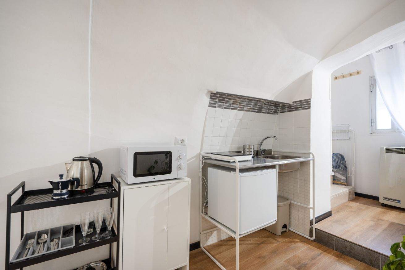 Kühlschrank, Mikrowelle, Herdplatte, Kochgeschirr/Geschirr/Besteck