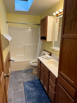 Une salle de bain avec une baignoire, des toilettes et un lavabo.