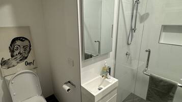 Hair dryer, towels, soap, toilet paper