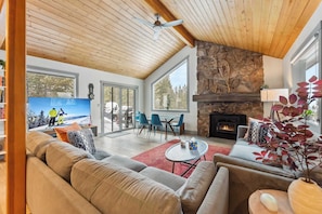 TV, fireplace, video games, foosball