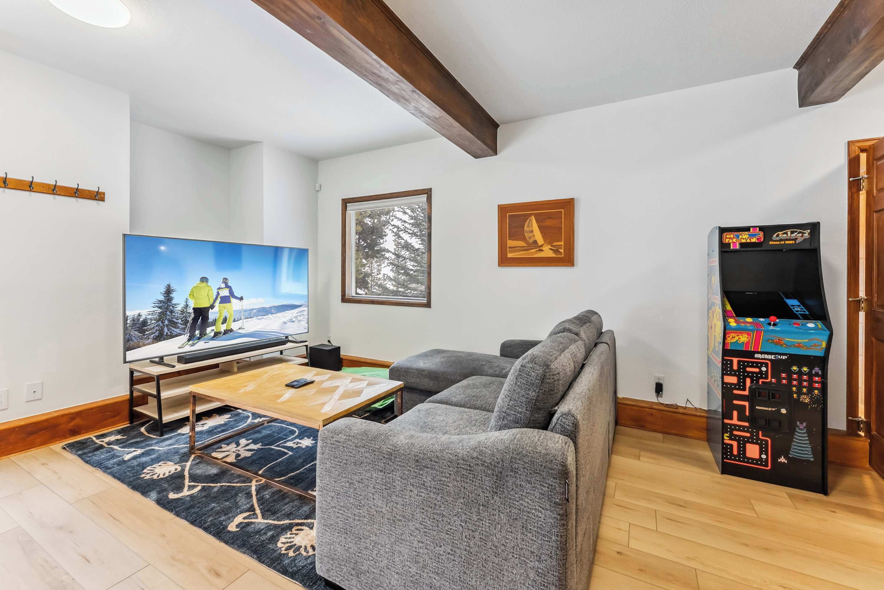 TV, fireplace, video games, foosball