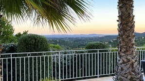 Ein Balkon mit Metallgeländer, einer Palme und Blick auf eine Landschaft mit Bäumen und Hügeln.