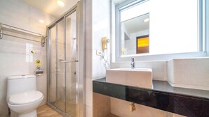 Une salle de bain comprenant des toilettes, une douche à parois de verre, un lavabo avec un miroir au-dessus et un porte-serviettes.