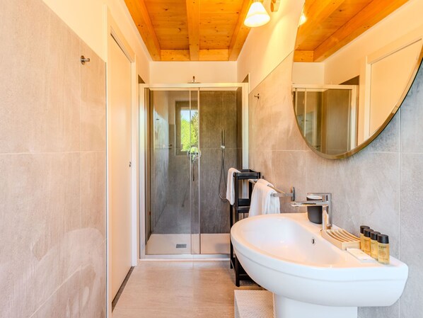 A modern bathroom with a glass shower enclosure, a white sink, and a large mirror.