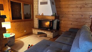 Ett mysigt vardagsrum med en steneldstad, träväggar, en soffa och ett litet bord med en lampa.