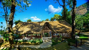 A rustic thatched-roof structure with a wooden interior, surrounded by lush greenery and a stone pathway.