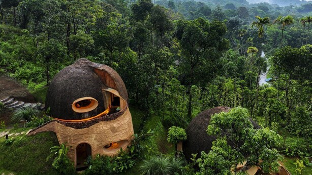 A lush, forested landscape with traditional thatched-roof huts nestled among dense greenery.