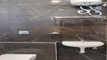 Shower, rainfall showerhead, towels, soap