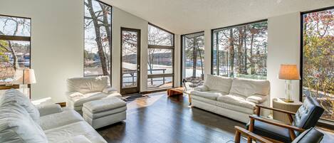 Una televisión, una chimenea, libros