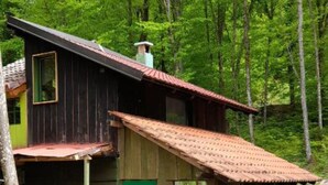 Una cabaña rústica de madera con techo inclinado, rodeada de un bosque denso.